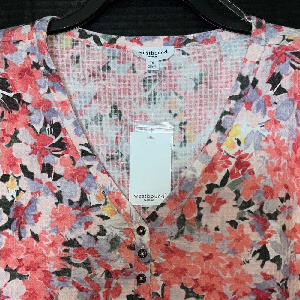 Westbound Floral V-Neck Blouse - Pink, Red, and Black - Picture 3 of 8